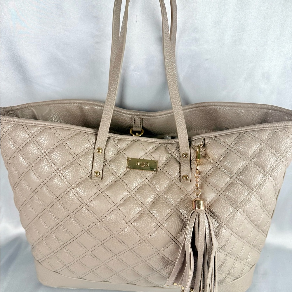 BCBG Paris Nude Beige Quilted Faux Vegan Leather Large Tote Carry Hand Bag Purse
